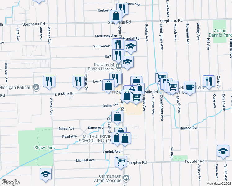 map of restaurants, bars, coffee shops, grocery stores, and more near 4024 E 9 Mile Rd in Warren