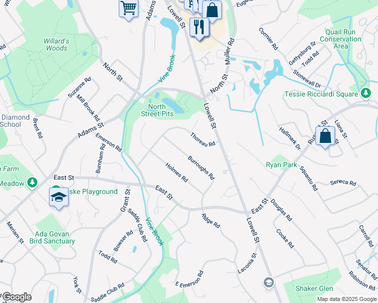 map of restaurants, bars, coffee shops, grocery stores, and more near 23 Burroughs Road in Lexington