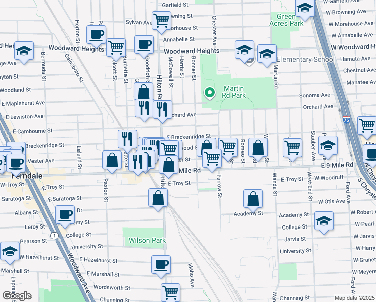 map of restaurants, bars, coffee shops, grocery stores, and more near 1206 Rosewood Street in Ferndale