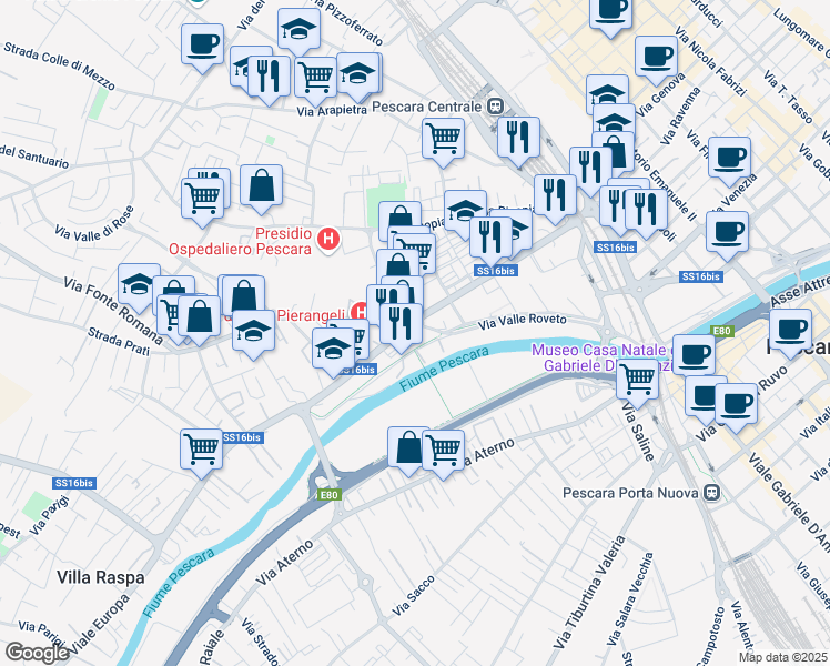map of restaurants, bars, coffee shops, grocery stores, and more near 165 Via del Circuito in Pescara