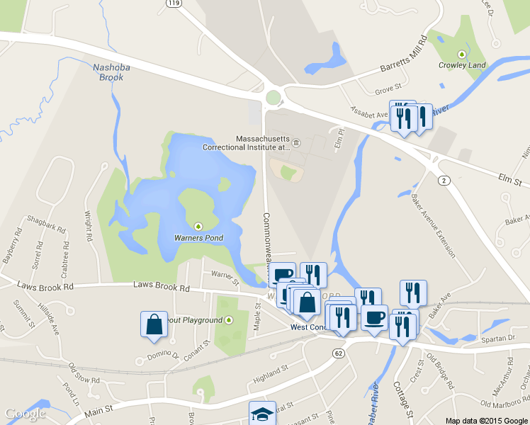 map of restaurants, bars, coffee shops, grocery stores, and more near 294 Commonwealth Avenue in Concord