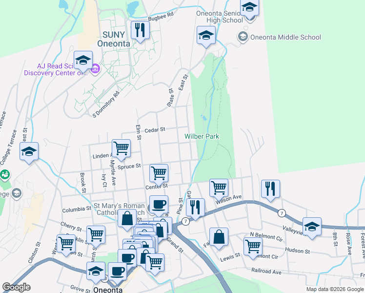 map of restaurants, bars, coffee shops, grocery stores, and more near 30 East Street in Oneonta