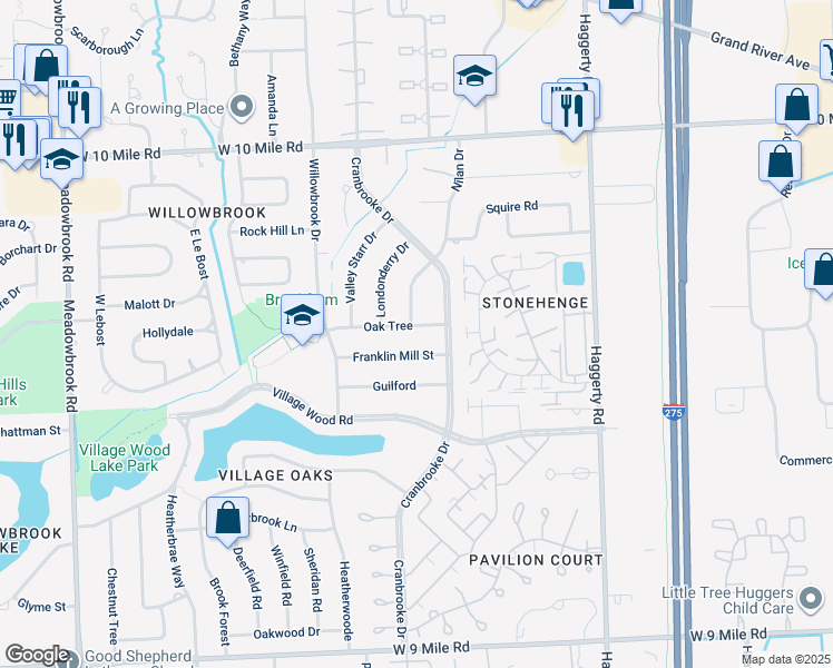 map of restaurants, bars, coffee shops, grocery stores, and more near 40209 Oak Tree in Novi