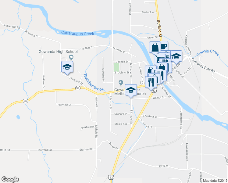 map of restaurants, bars, coffee shops, grocery stores, and more near West Main Street & Aldrich Street in Gowanda