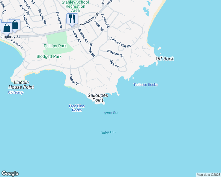 map of restaurants, bars, coffee shops, grocery stores, and more near 100 Galloupes Point Road in Swampscott