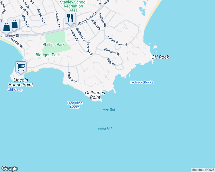 map of restaurants, bars, coffee shops, grocery stores, and more near 100 Galloupes Point Road in Swampscott