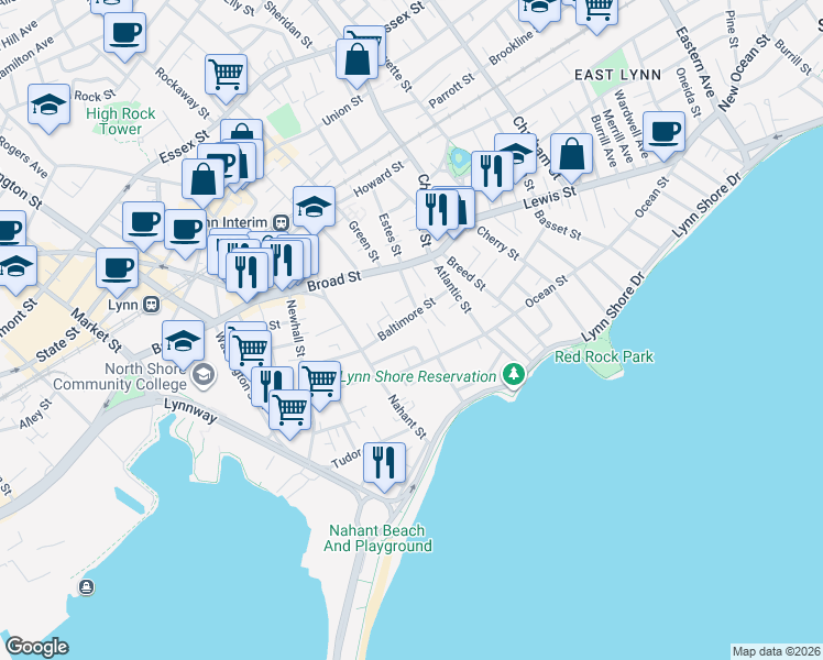 map of restaurants, bars, coffee shops, grocery stores, and more near 15 Ocean Park in Lynn