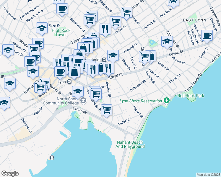 map of restaurants, bars, coffee shops, grocery stores, and more near 30 Newhall Street in Lynn
