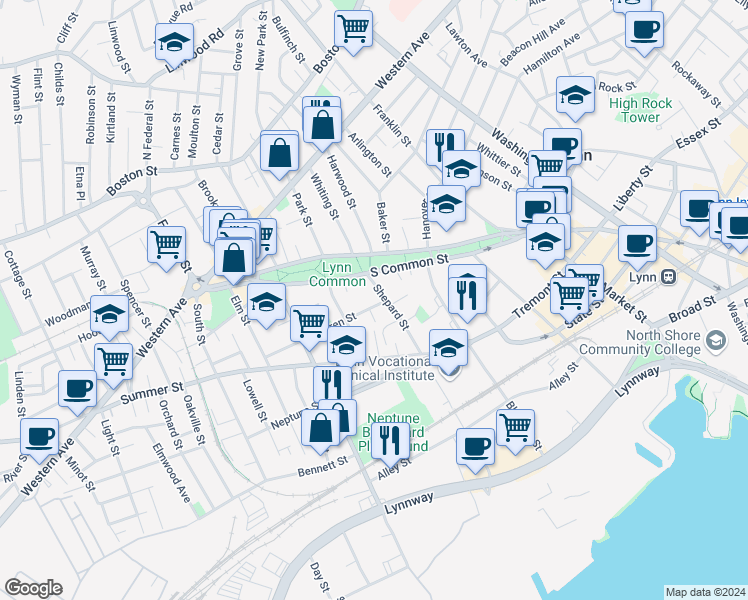 map of restaurants, bars, coffee shops, grocery stores, and more near 39 Shepard Street in Lynn