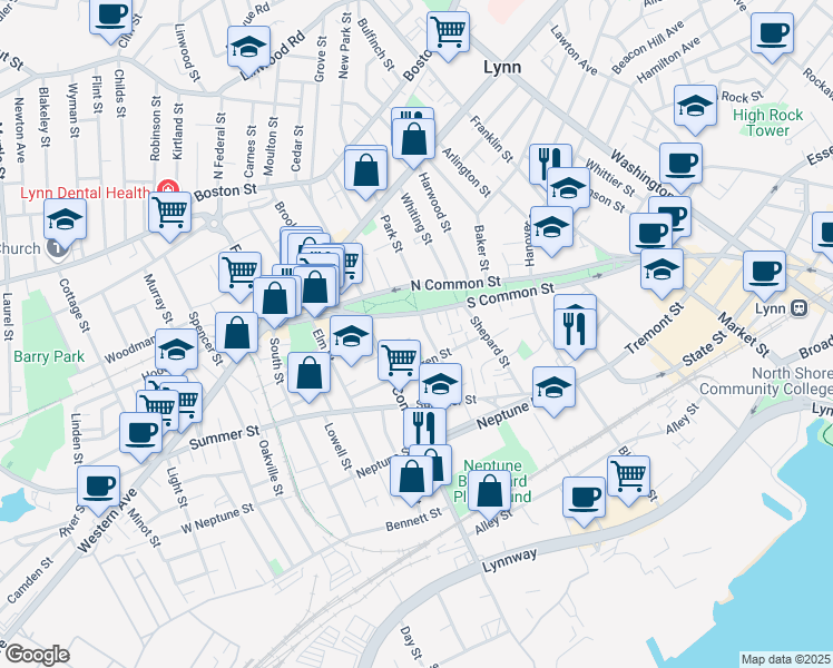 map of restaurants, bars, coffee shops, grocery stores, and more near in Lynn