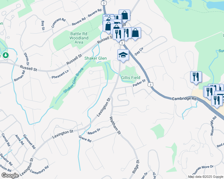 map of restaurants, bars, coffee shops, grocery stores, and more near 251 Lexington Street in Woburn