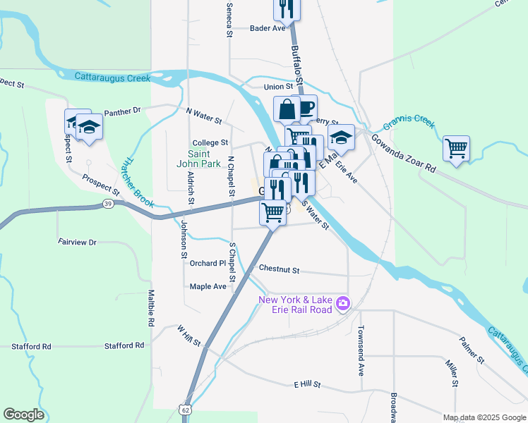 map of restaurants, bars, coffee shops, grocery stores, and more near 107 Walnut Street in Gowanda