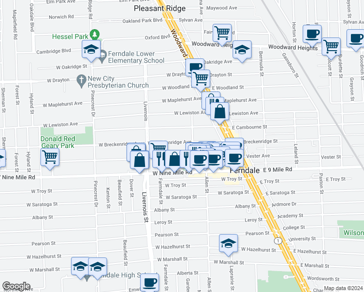 map of restaurants, bars, coffee shops, grocery stores, and more near 465 West Breckenridge Street in Ferndale