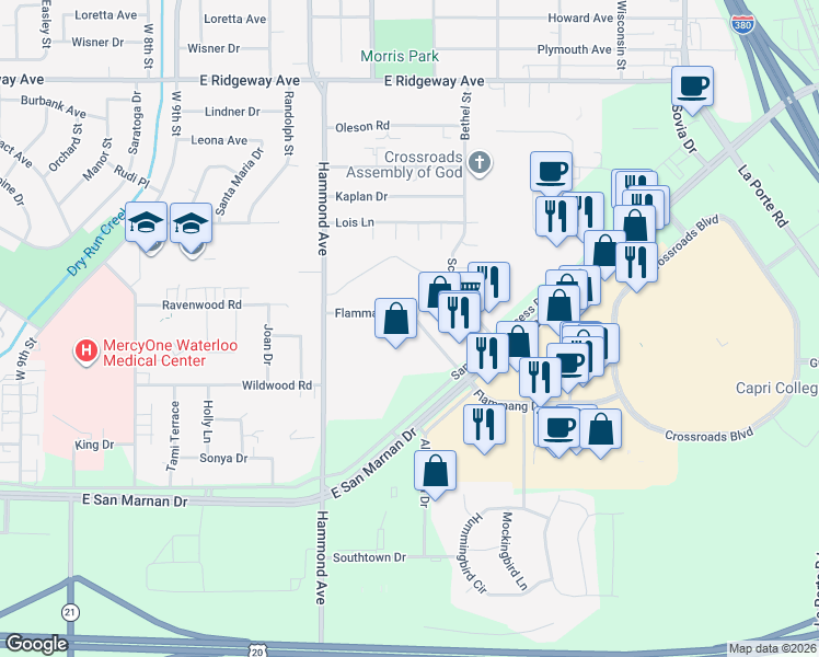 map of restaurants, bars, coffee shops, grocery stores, and more near 1150 Flammang Drive in Waterloo