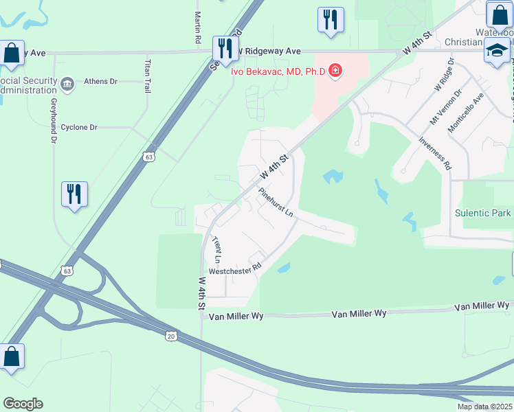 map of restaurants, bars, coffee shops, grocery stores, and more near 1921 Pinehurst Court in Waterloo