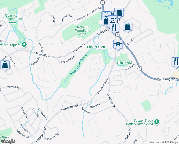 map of restaurants, bars, coffee shops, grocery stores, and more near 26 Glenwood Avenue in Woburn