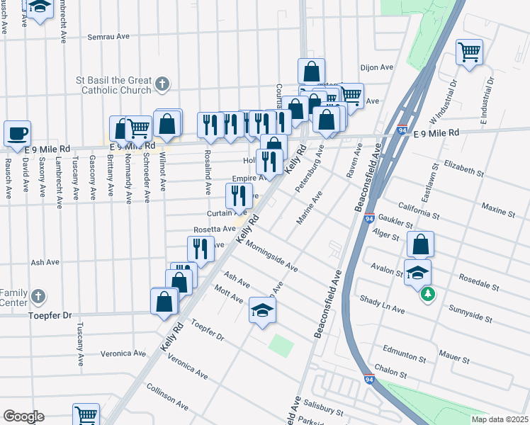 map of restaurants, bars, coffee shops, grocery stores, and more near 22240 Kelly Road in Eastpointe