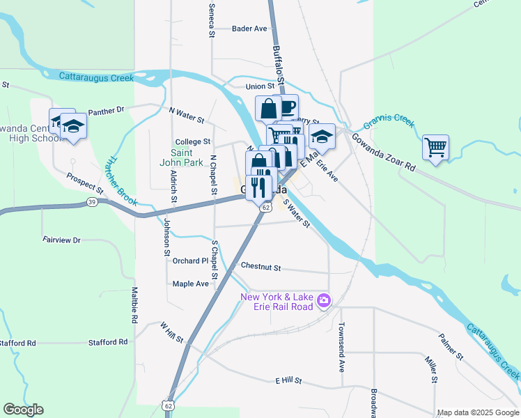map of restaurants, bars, coffee shops, grocery stores, and more near 39 Jamestown Street in Gowanda