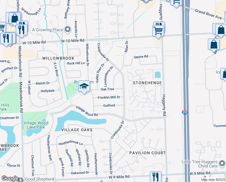 map of restaurants, bars, coffee shops, grocery stores, and more near 40209 Oak Tree in Novi