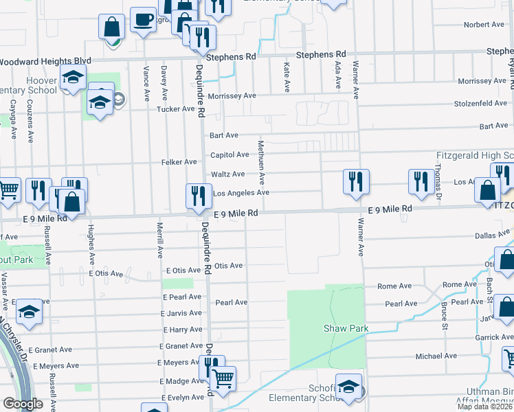 map of restaurants, bars, coffee shops, grocery stores, and more near 2149 East 9 Mile Road in Warren