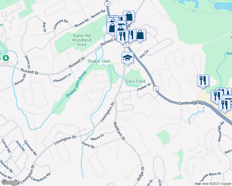 map of restaurants, bars, coffee shops, grocery stores, and more near 251 Lexington Street in Woburn
