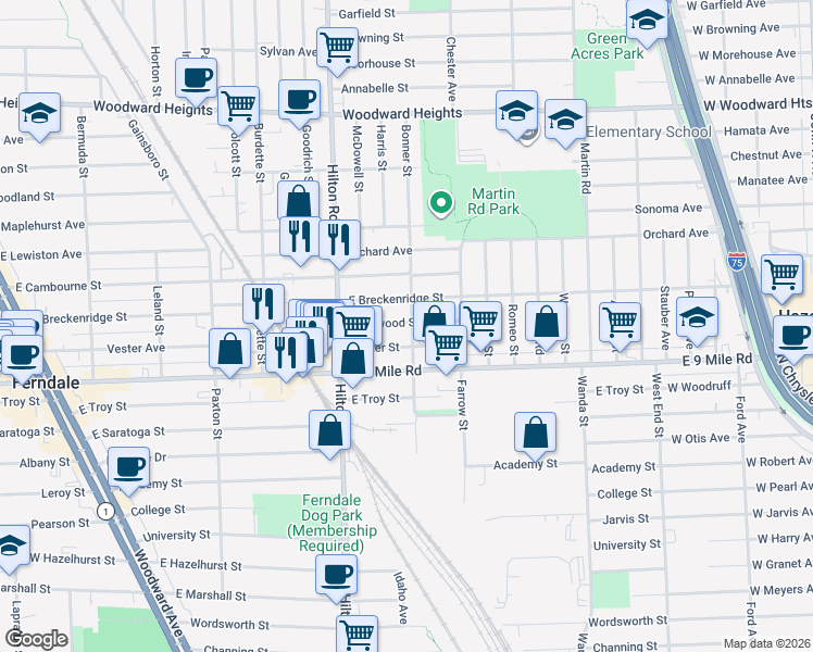 map of restaurants, bars, coffee shops, grocery stores, and more near 1206 Rosewood Street in Ferndale