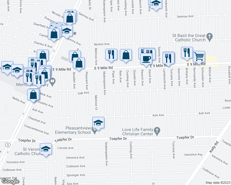 map of restaurants, bars, coffee shops, grocery stores, and more near 22176 Piper Avenue in Eastpointe