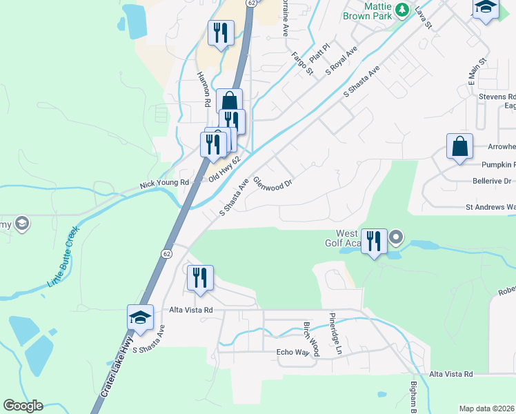 map of restaurants, bars, coffee shops, grocery stores, and more near 308 Arrowhead Trail in Eagle Point