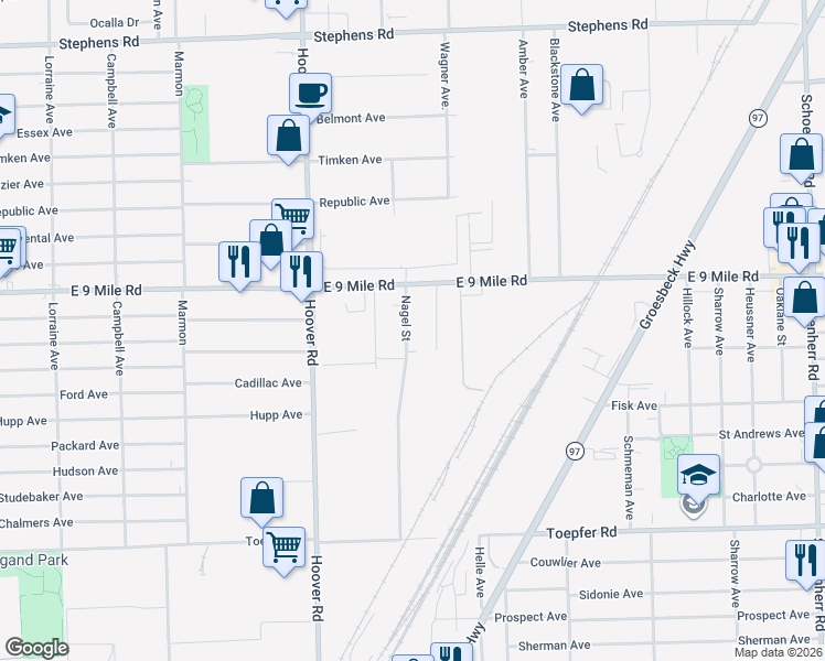 map of restaurants, bars, coffee shops, grocery stores, and more near 22828 Nagel Street in Warren
