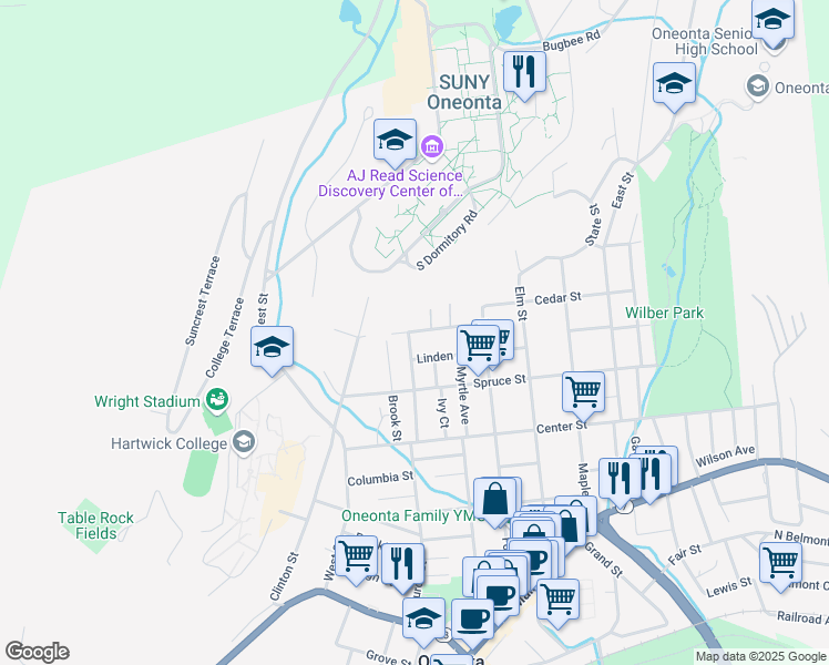 map of restaurants, bars, coffee shops, grocery stores, and more near 4 Monroe Avenue in Oneonta
