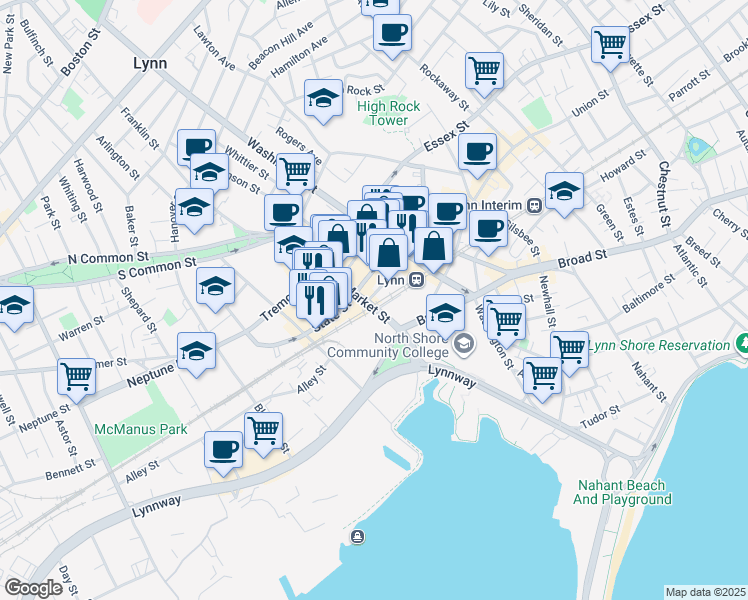 map of restaurants, bars, coffee shops, grocery stores, and more near 180 Market Street in Lynn