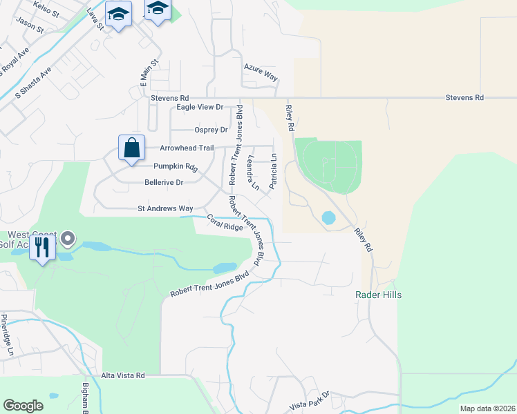 map of restaurants, bars, coffee shops, grocery stores, and more near 327 Robert Trent Jones Boulevard in Eagle Point