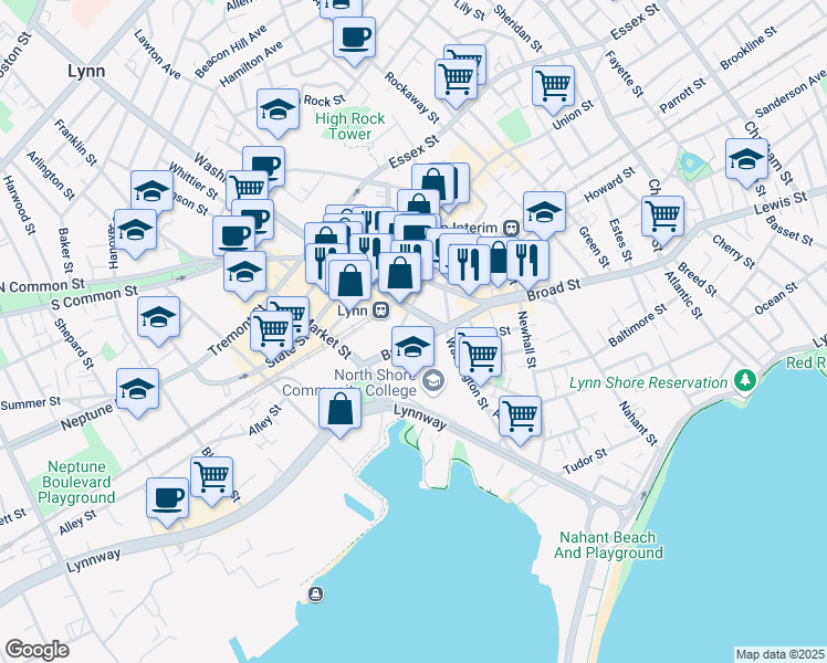 map of restaurants, bars, coffee shops, grocery stores, and more near 4 Mount Vernon Street in Lynn