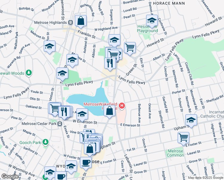 map of restaurants, bars, coffee shops, grocery stores, and more near 802 Main Street in Melrose