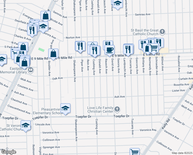 map of restaurants, bars, coffee shops, grocery stores, and more near 22157 Cushing Avenue in Eastpointe