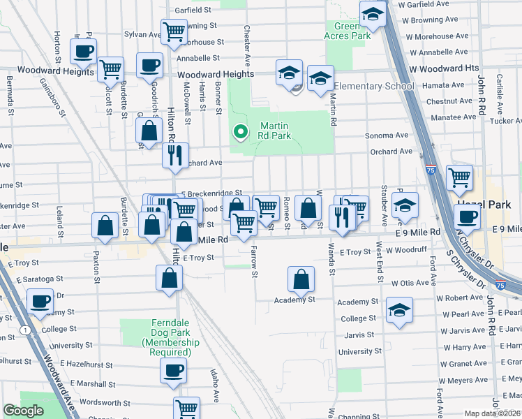 map of restaurants, bars, coffee shops, grocery stores, and more near 1914 Farrow Street in Ferndale