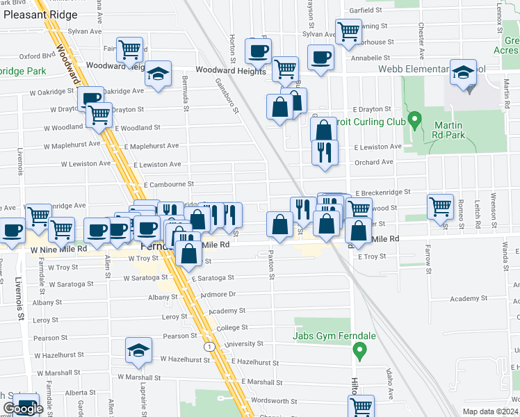 map of restaurants, bars, coffee shops, grocery stores, and more near 391 Vester Street in Ferndale