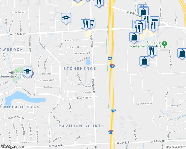 map of restaurants, bars, coffee shops, grocery stores, and more near 23421 Shorebrooke Singh in Novi