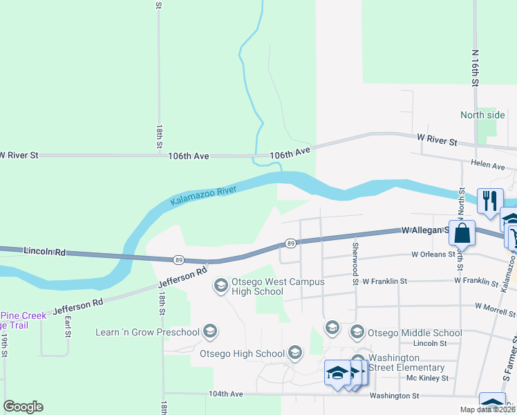 map of restaurants, bars, coffee shops, grocery stores, and more near 731 Nicholson Street in Otsego