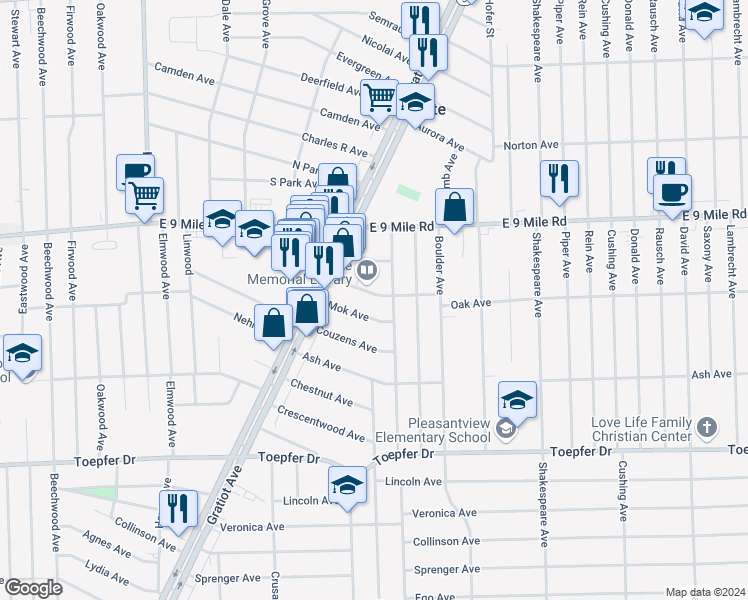map of restaurants, bars, coffee shops, grocery stores, and more near 15898 Oak Avenue in Eastpointe