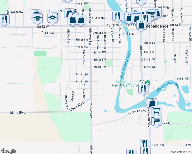 map of restaurants, bars, coffee shops, grocery stores, and more near 801 5th Avenue Southwest in Independence