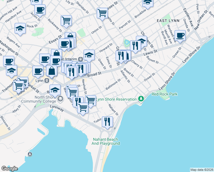 map of restaurants, bars, coffee shops, grocery stores, and more near 51 Baltimore Street in Lynn