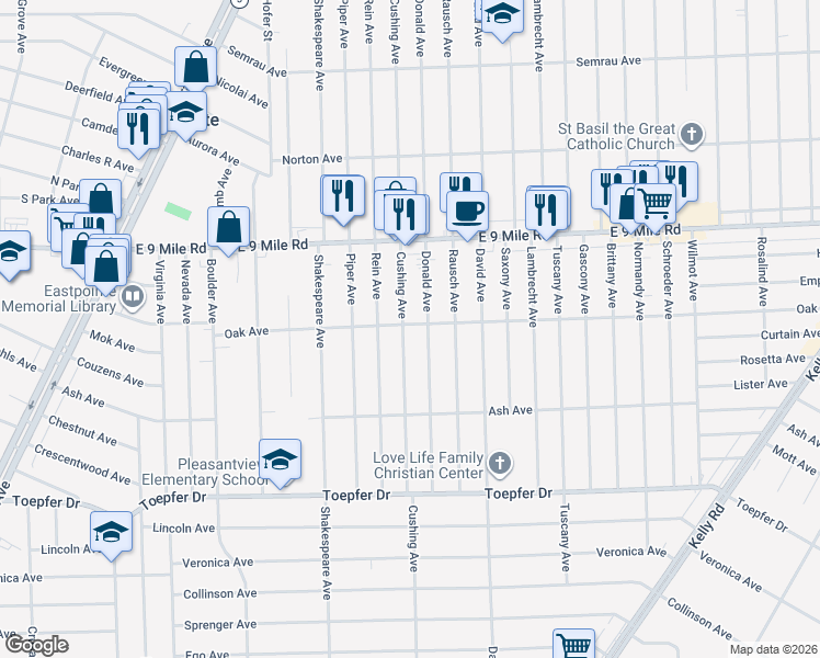 map of restaurants, bars, coffee shops, grocery stores, and more near 22157 Cushing Avenue in Eastpointe
