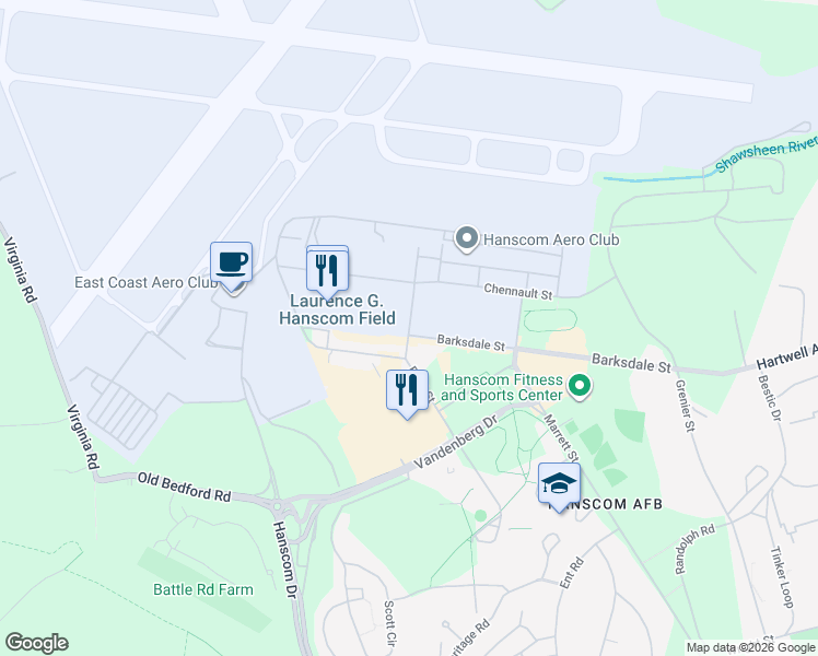 map of restaurants, bars, coffee shops, grocery stores, and more near Eglin Street in Hanscom Air Force Base