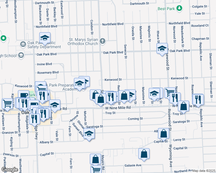 map of restaurants, bars, coffee shops, grocery stores, and more near 23210 Geneva Street in Oak Park