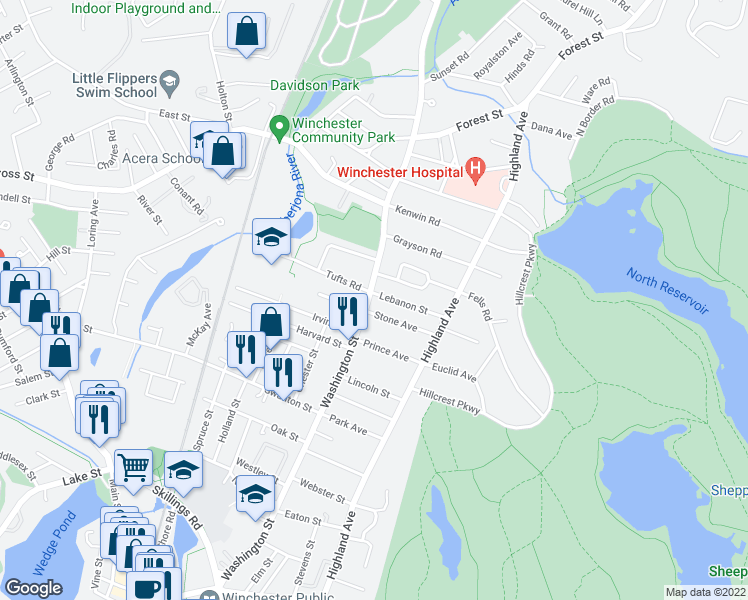 map of restaurants, bars, coffee shops, grocery stores, and more near 3 Lebanon Street in Winchester