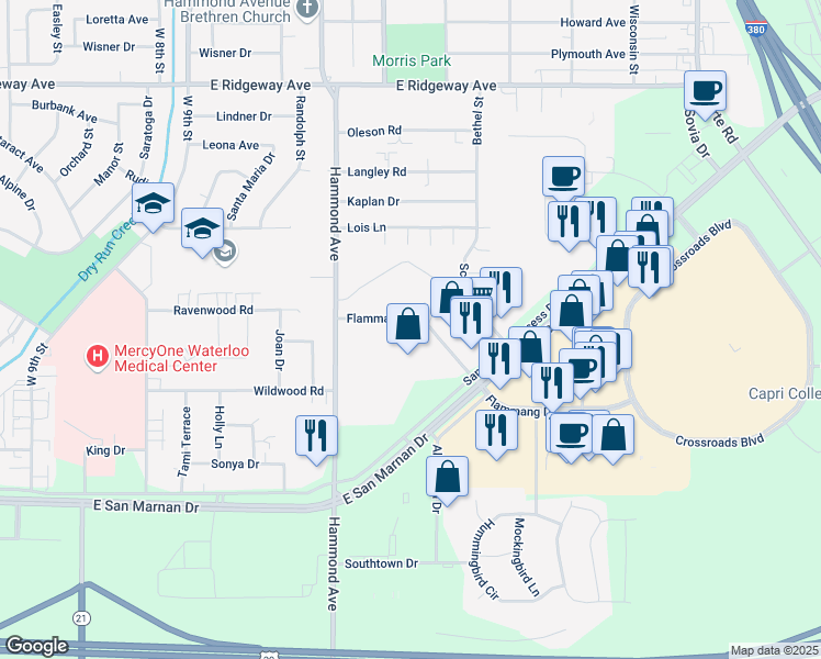 map of restaurants, bars, coffee shops, grocery stores, and more near 1150 Flammang Drive in Waterloo