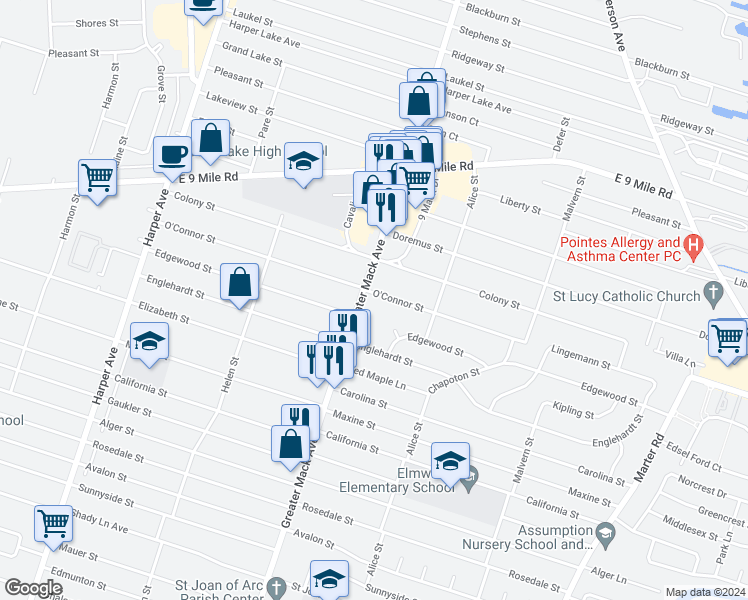 map of restaurants, bars, coffee shops, grocery stores, and more near 22300 O'Connor Street in St. Clair Shores