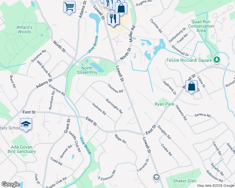 map of restaurants, bars, coffee shops, grocery stores, and more near 25 Thoreau Road in Lexington
