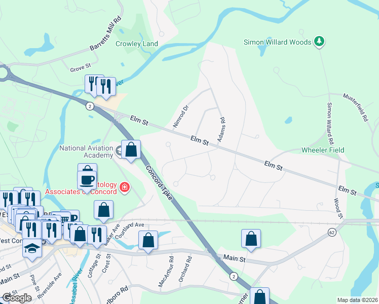 map of restaurants, bars, coffee shops, grocery stores, and more near 70 Baker Avenue in Concord